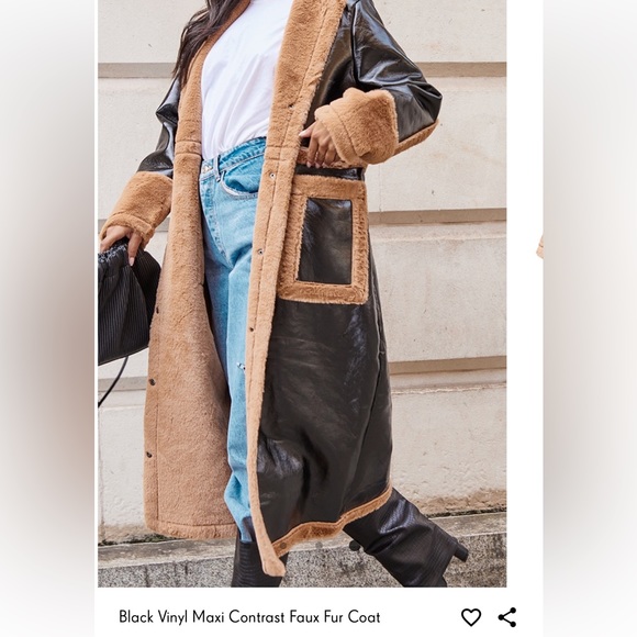 Pretty Little Thing Black Vinyl Maxi Contrast Faux Fur Coat - Picture 4 of 4